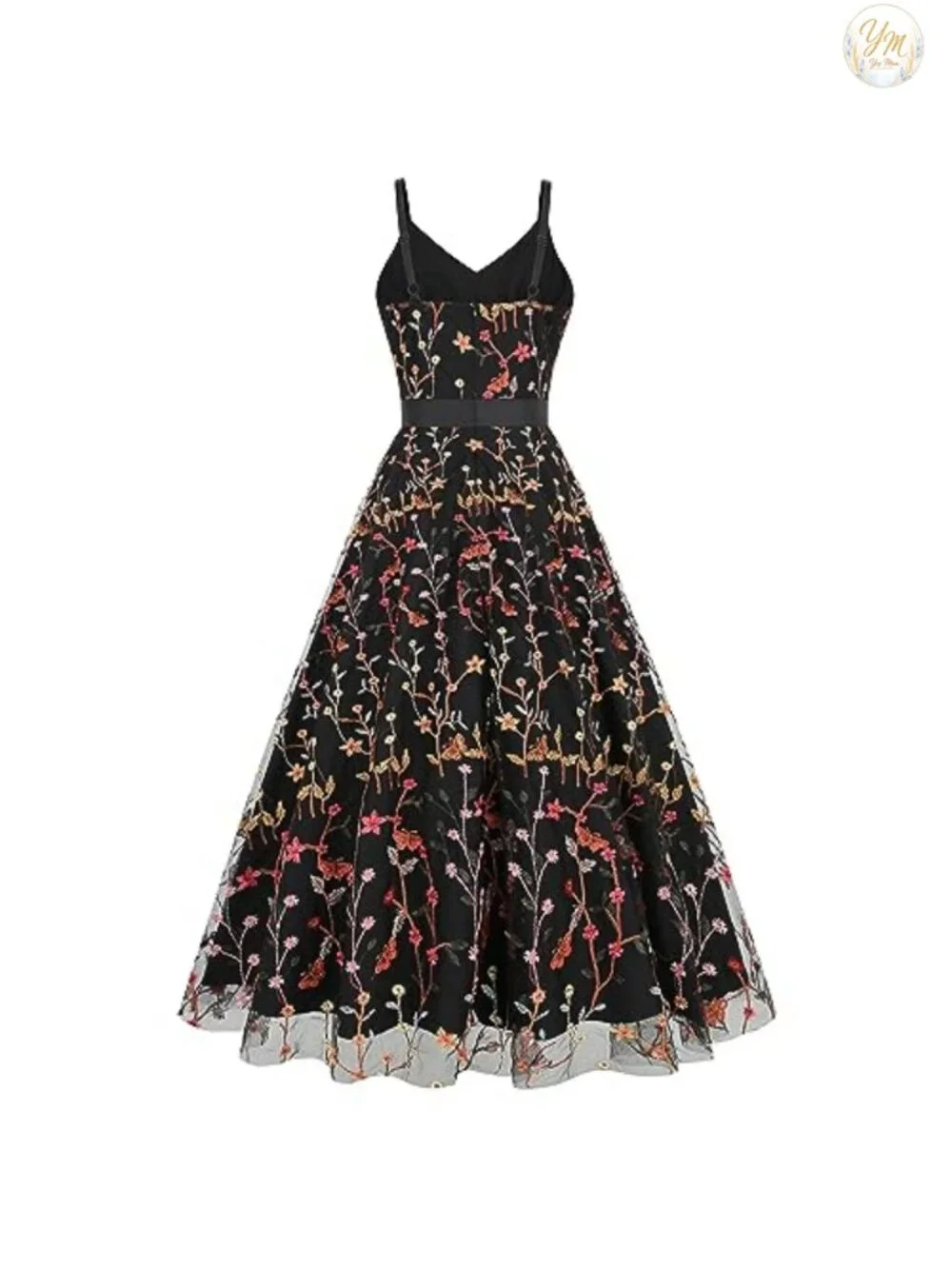 Women's Floral Embroidered Tulle Maxi Dress Sleeveless V-Neck Formal Party